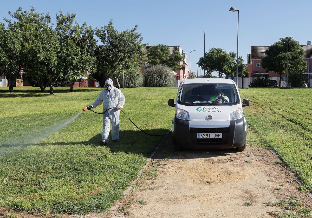 Un operario fumiga en unos jardines