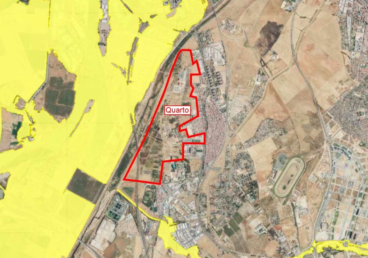 Mapa del Ministerio en el que se señalan en amarillo las zonas inundables con probabilidad baja o excepcional, quedando fuera de ellas el nuevo barrio de Quarto