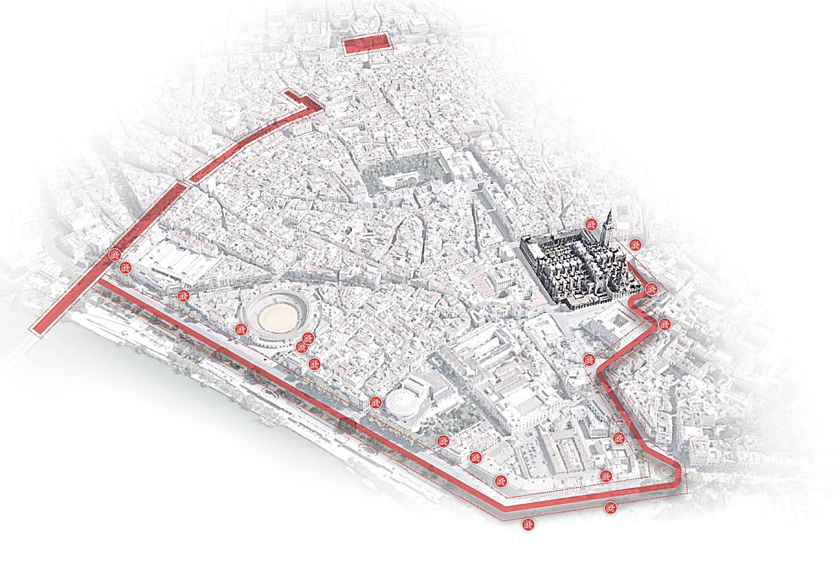 Recorrido oficial de la procesión magna y zonas aledañas en las que se implantará el plan de seguridad