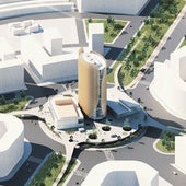 Recreación de la plaza Entrenúcleos que acogerá el 'rascacielos', coronado por un helipuerto