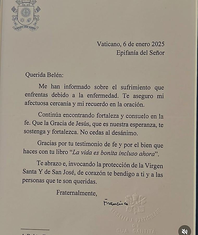 La emotiva carta que envió el Papa Francisco a Belén Domínguez, la joven sevillana fallecida de un cáncer de médula: «Gracias por tu testimonio de fe»