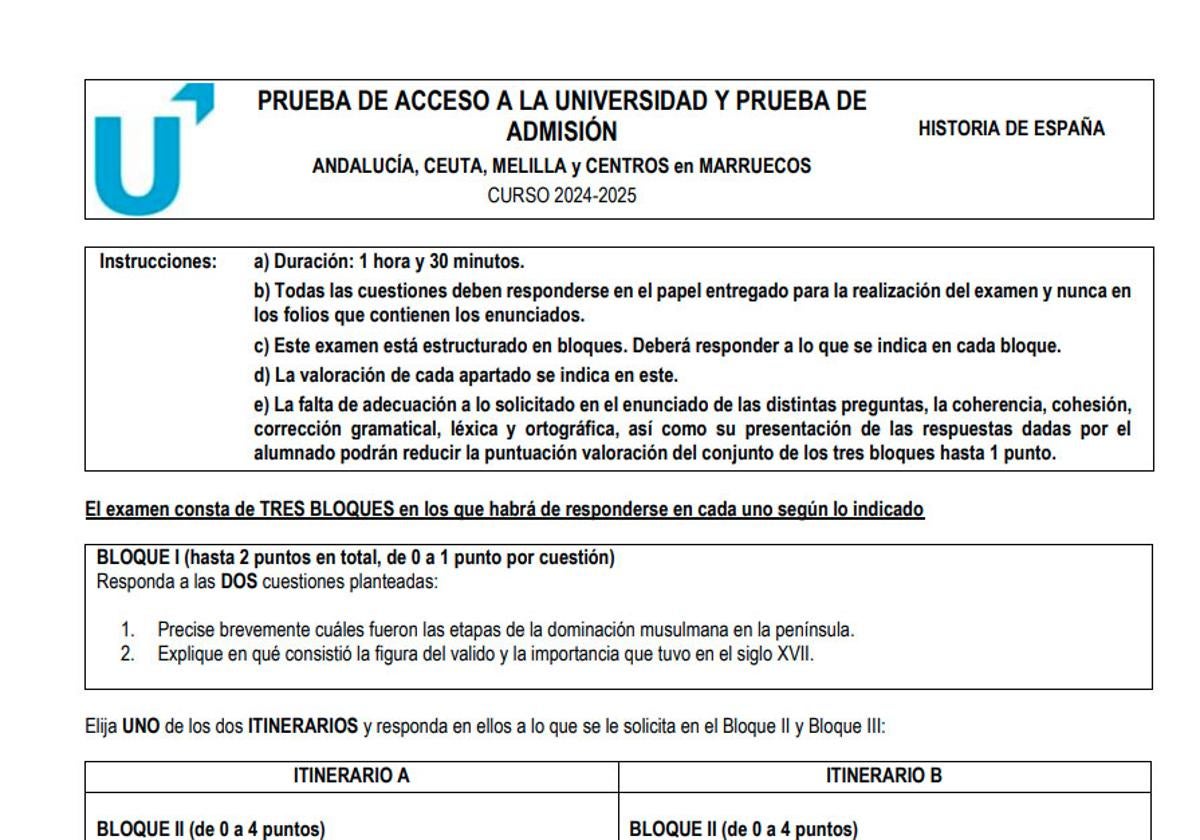 Así ha sido el examen de Historia de Selectividad de Andalucía en 2025