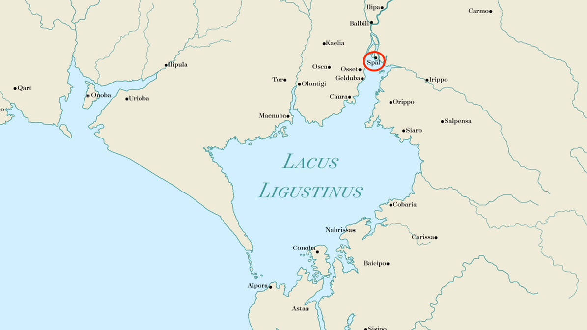 Reconstrucción hipotética del Lacus Ligustinus en el siglo VI a. C. El gran estuario atlántico que se adentraba en el interior del actual Bajo Guadalquivir y que permitía la navegación hasta enclaves como Ispal (Sevilla), señalado en rojo. Un paisaje de marismas, meandros e islas fluviales que explica el origen insular de Ispal y su papel como emporio fenicio.