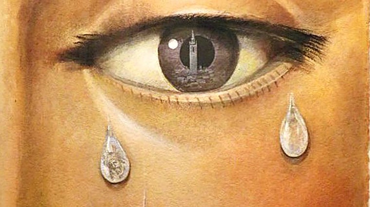 Cartel de Semana Santa de 1995, obra de Francisco Maireles. La Giralda reflejándose en el ojo izquierdo de la Esperanza Macarena, seña de identidad y devoción de la ciudad