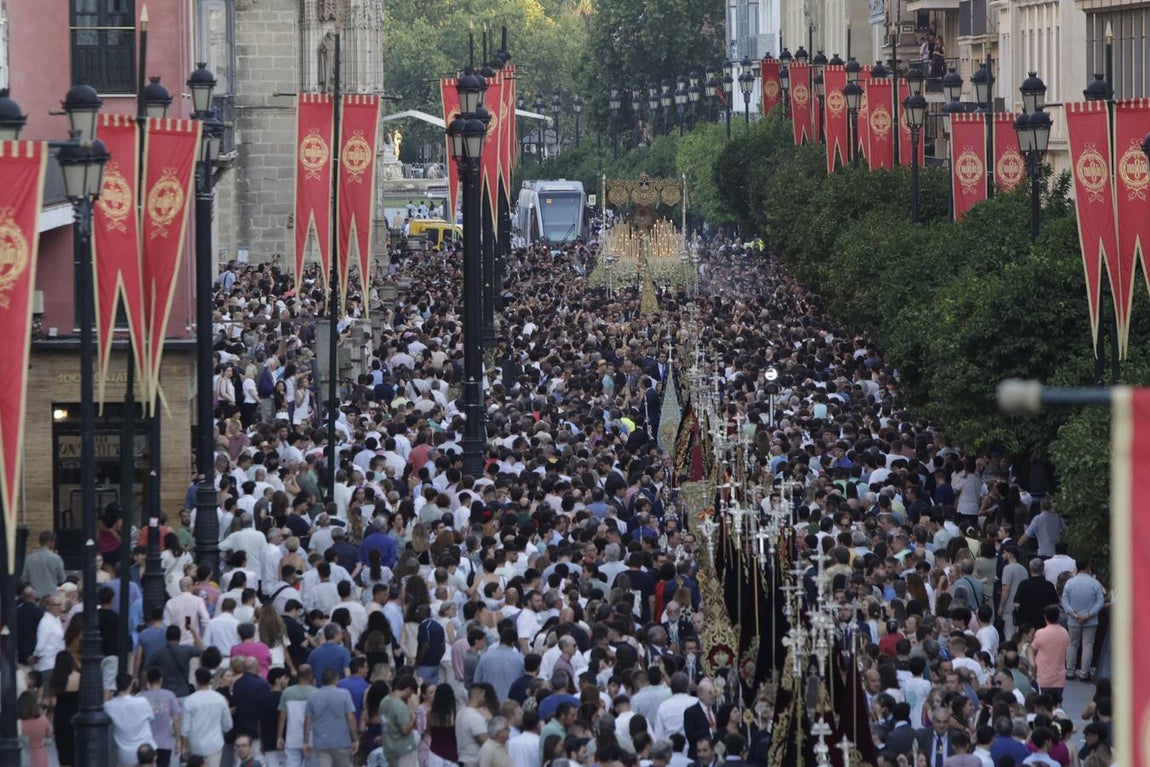 Una multitud de personas acompañó a la Virgen del Rocío hasta su iglesia tras ser coronada en la Catedral de Sevilla