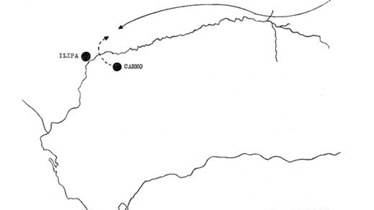 Movimientos previos de Escipión y Asdrúbal antes del choque en Ilipa. Artículo: Cartago a las puertas: Turdetania en los albores de la Segunda Guerra Púnica