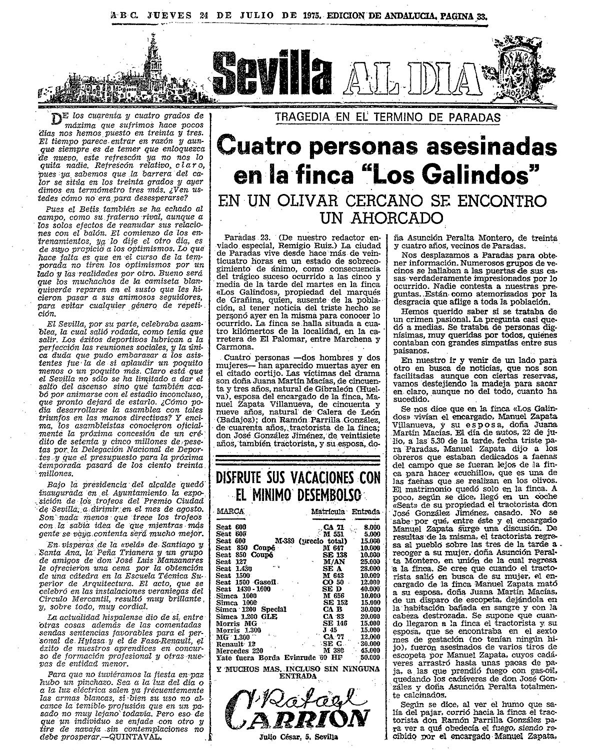Primera información de ABC sobre el «crimen de los Galindos», el 24 de julio de 1975