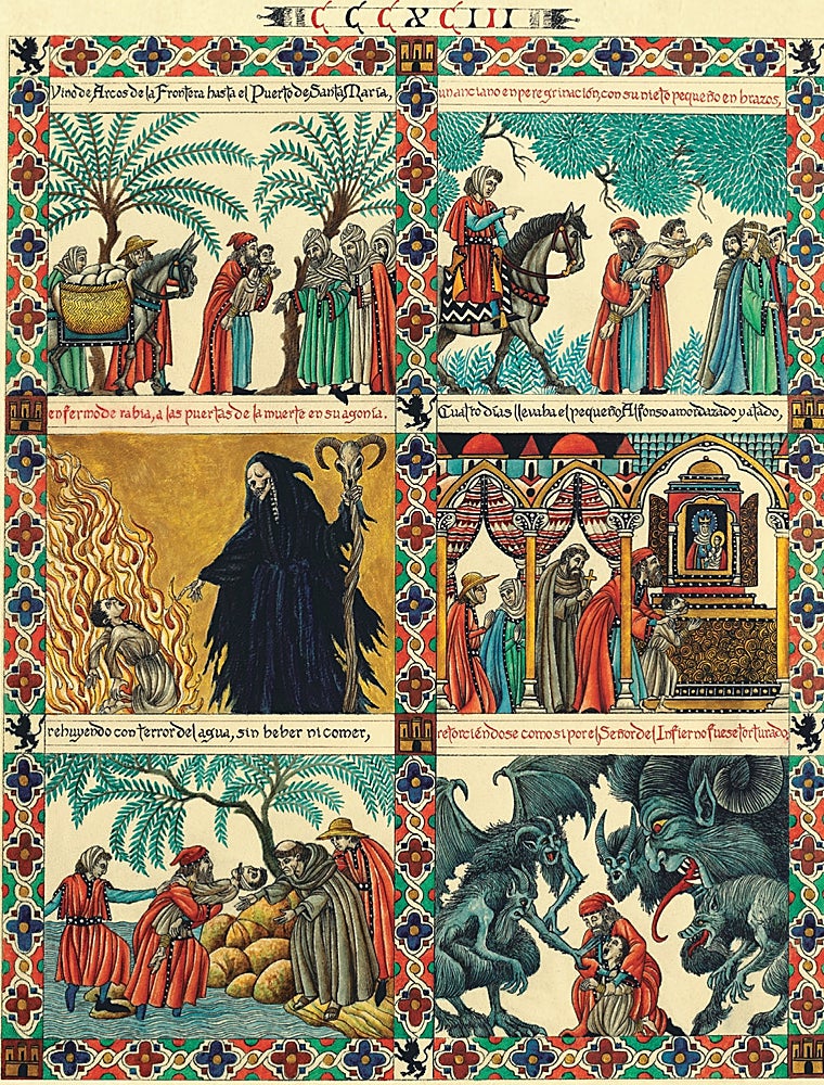 Una de las páginas ilustradas por Juan Manuel Fontela para estas 'Cantigas de Santa María del Puerto'