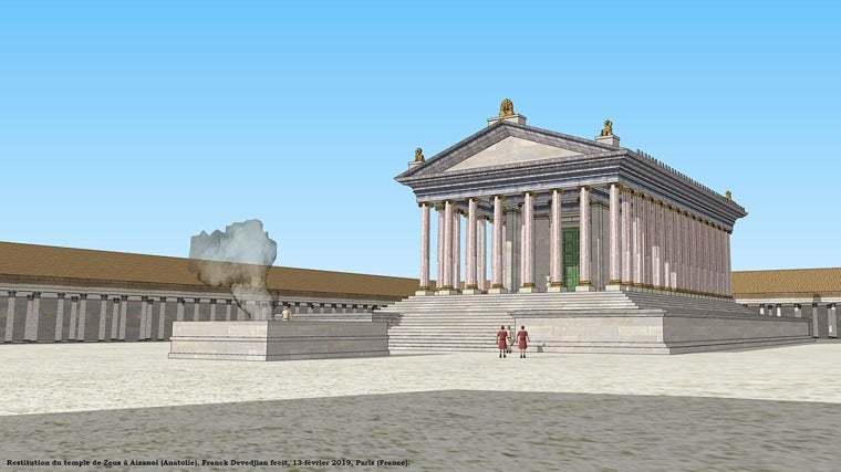 El Traianeum de Itálica, restitución digital. El templo períptero en el centro se hallaba en una gran plaza porticada de columnas
