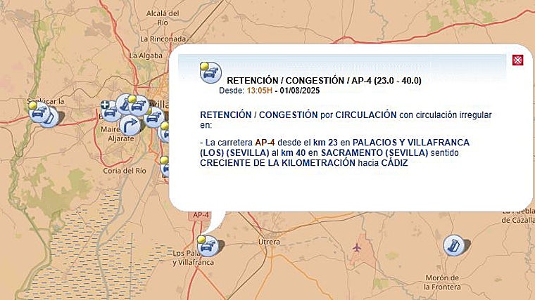 Atascos de casi 20 kilómetros en la AP-4 sentido Cádiz en plena operación salida de Andalucía