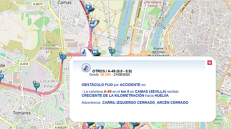 Un accidente entre un camión y un coche en la A-49 provoca atascos en la salida de Sevilla