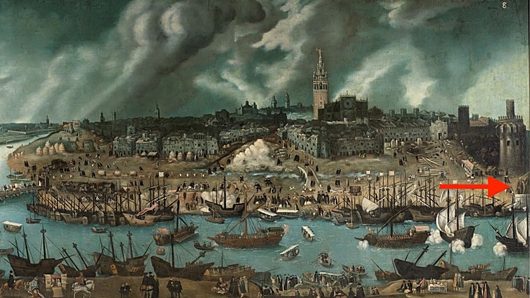 Vista de la ciudad de Sevilla en el siglo XVI. Señalado el ingenio del puerto en flecha roja