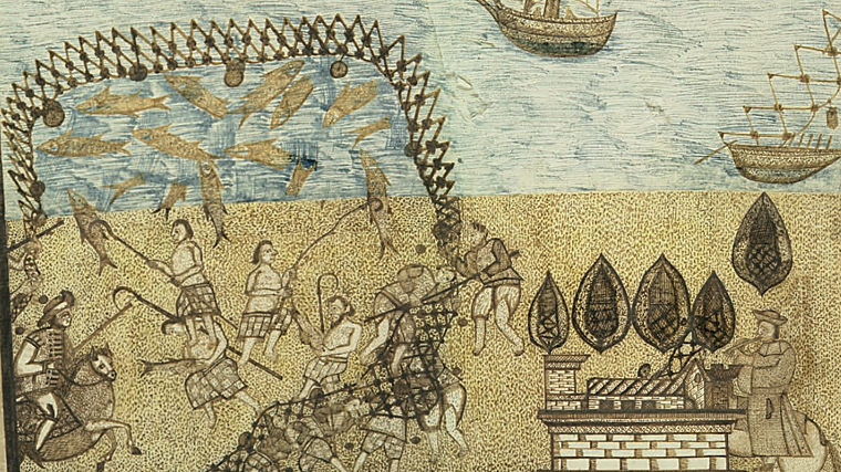 Almadraba de tiro de Zahara, 1748. Detalle de las operaciones de comunicación de las almadrabas de tiro entre atalayas y proeles