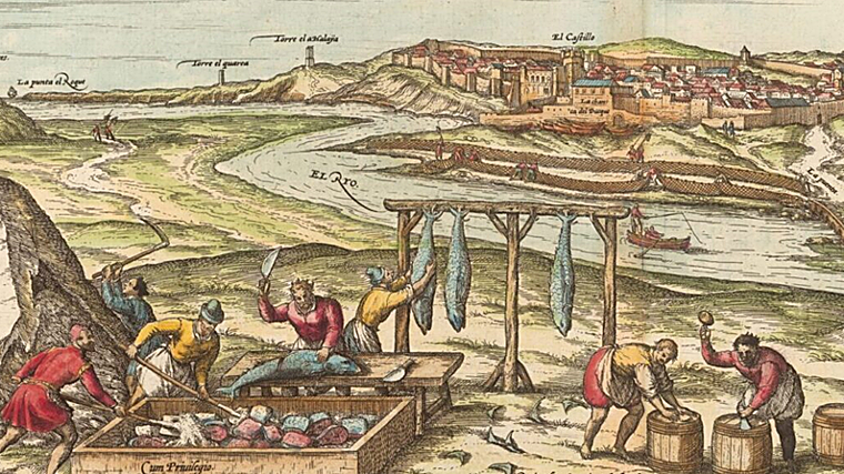 Grabado de Hoefnagel de la almadraba de Conil -también propiedad de los Duques de Medina Sidonia- en el siglo XVI, con el despiece, salazón y colgado de los atunes, al fondo la villa amurallada y las torres vigías que protegían la costa. Una escena paralela a la que se vivía en Zahara de los Atunes