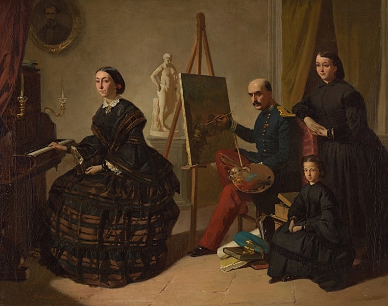 'El pintor carlista y su familia' (1859), uno de los lienzos más notables de Valeriano Domínguez Bécquer, que vendrá del Museo desde el Prado