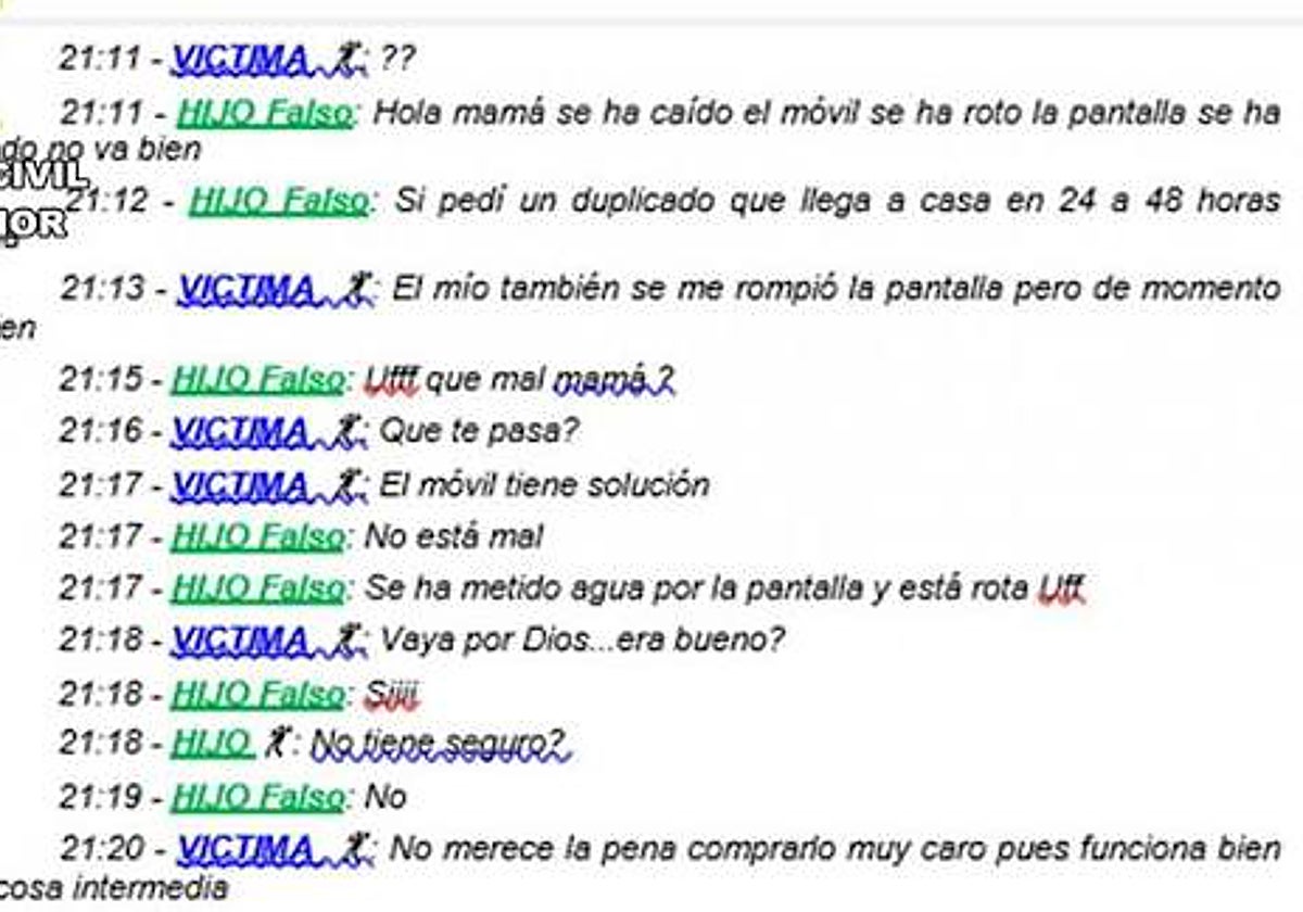Extracto de la conversación entre quien se hacía pasar por el hijo y la víctima del fraude