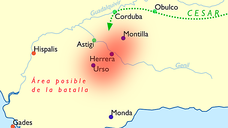 Posibles localizaciones de la batalla de Munda (45 a. C.) en la Bética romana. Las investigaciones más recientes sitúan el enfrentamiento entre César y los hijos de Pompeyo en los Llanos de Vanda, junto a Montilla (Córdoba), aunque otras teorías lo ubican en torno a Urso (Osuna) o Herrera