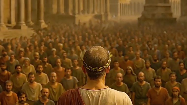 Recreación del discurso de Julio César en la primavera del 45 a. C. en el foro de Hispalis, ante una población que recibió sus reproches por haber apoyado al bando pompeyano. Poco después, la ciudad adoptaría el prefijo de la gens Julia, convirtiéndose en Colonia Iulia Romula Hispalis