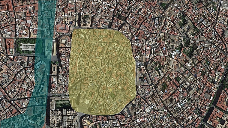 Perímetro urbano del antiguo oppidum de Hispalis a orillas del paleocauce del río Betis. Abarcaría desde la Cuesta del Rosario a Mateos Gago (N-S) y desde Federico Rubio Muñoz y Pabón hasta la calle Álvarez Quintero/Francos (E-O)