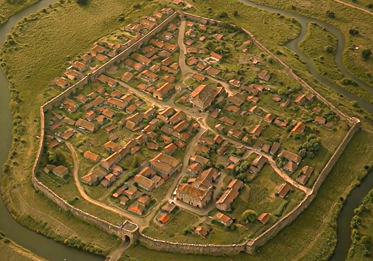 Recreación de la Colonia Iulia Romula Hispalis en época de Julio César entre el paleocauce y el Tagarete. Asentada sobre el oppidum original -el promontorio fundacional- de Sevilla, la ciudad viviría una expansión hacia el norte en algún momento indeterminado entre los siglos I a. C y I d. C.