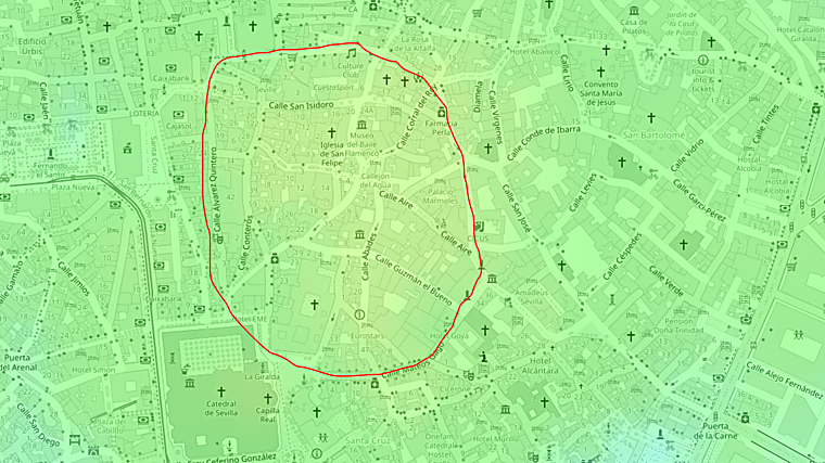 Mapa topográfico del conjunto histórico de Sevilla, donde se aprecia la elevación natural (señalada en rojo) )del antiguo promontorio sobre el que se asentó el oppidum de Híspalis. Las zonas más altas, en torno a la cota 14, se concentran entre Mateos Gago, San Isidoro y Cuesta del Rosario, delimitando la colina fundacional desde la que la ciudad se extendió posteriormente hacia el norte y el este