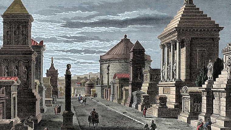 Dibujo romántico de la Via Appia, que conectaba Roma con el sur de Italia, con los mausoleos y panteones funerarios a ambos lados de la calzada