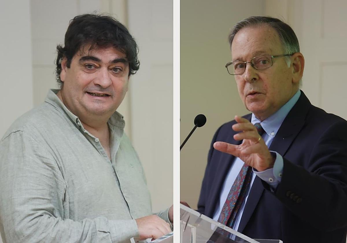 Los investigadores Jordi Figuerola y Miguel Ángel Muniáin Ezcurra en la conferencia en la Fundación Cajasol