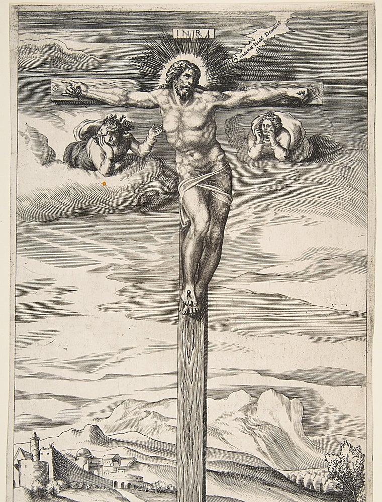 Grabado de la Cristo en la Cruz, realizado por Giulio Bonasone, siguiendo el dibujo de Miguel Ángel