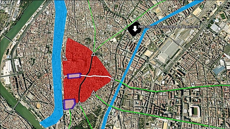 Perímetro urbano aproximado de la Hispalis romana altoimperial, con las posibles puertas y las calzadas de salida señaladas en color verde