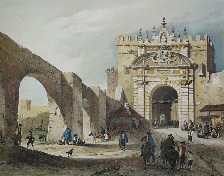 Litografía de la Puerta de Carmona hacia 1840, antes de su demolición. Se aprecia el acueducto de los Caños de Carmona. Según dibujo de Pérez Villaamil