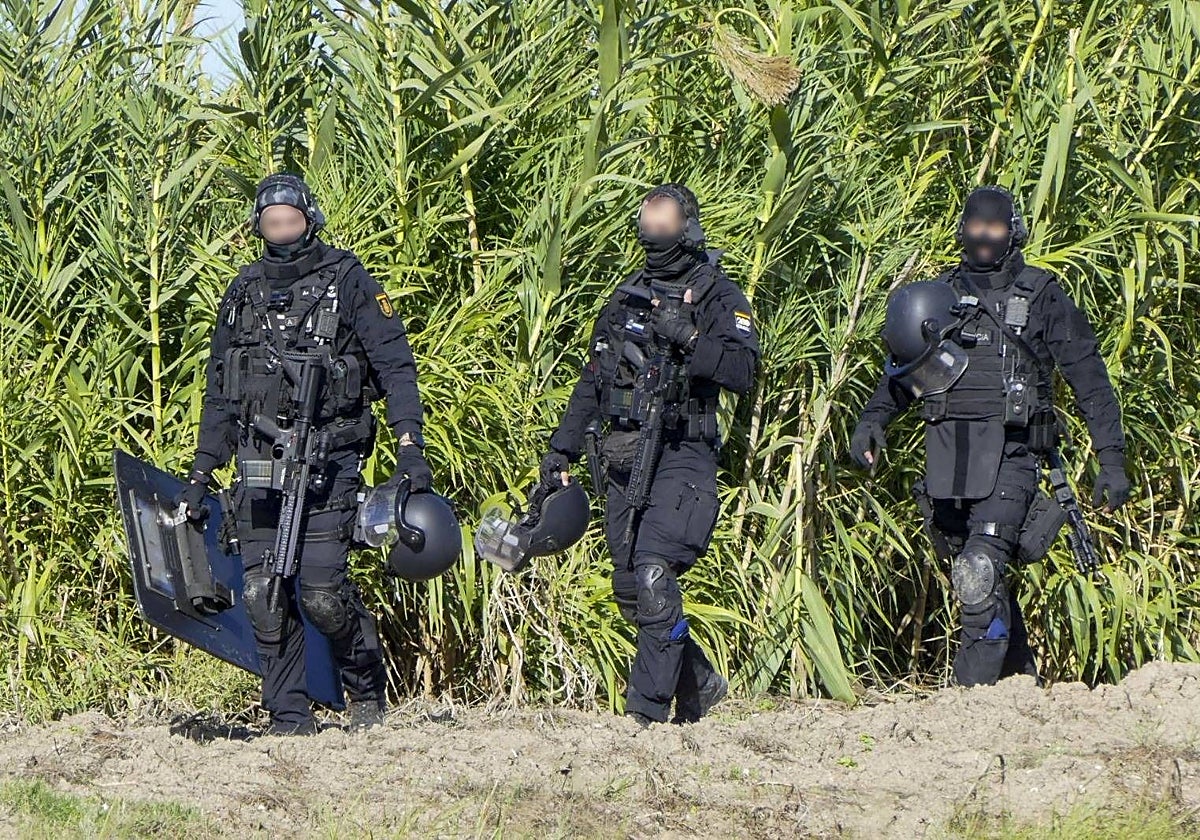 Tres de los agentes especializados de la Policía Nacional que participaron el pasado sábado en el operativo de Isla Mayor