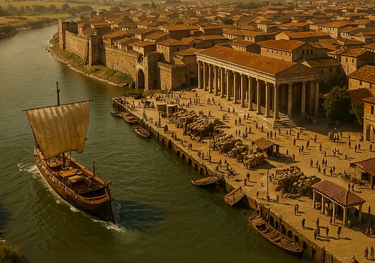 Recreación del puerto principal de Hispalis en época imperial, posiblemente ubicado en lo que hoy en día es la Catedral de Sevilla junto al paleocauce (actual Avenida de la Constitución)