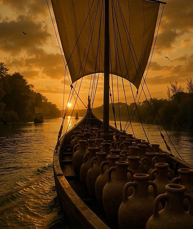 Recreación de los barcos de aceite de la Bética surcando el río Betis tras partir desde Hispalis