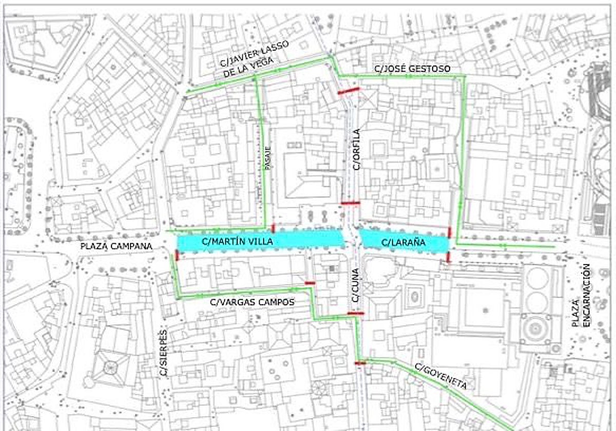 Mapa con la zona afectada por la obra y los itinerarios alternativos