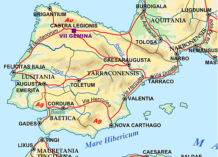 Mapa de las calzadas romanas más importantes de Hispania, la Via Herculea se correspondería con la denominada Via Augusta