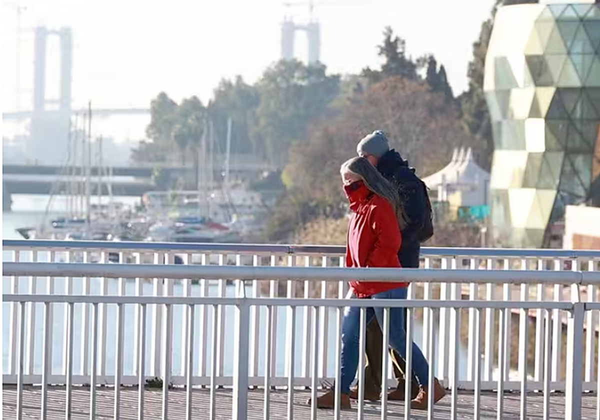 Gente abrigada cruzando el Puente de Los Remedios durante una jornada de frío en Sevilla