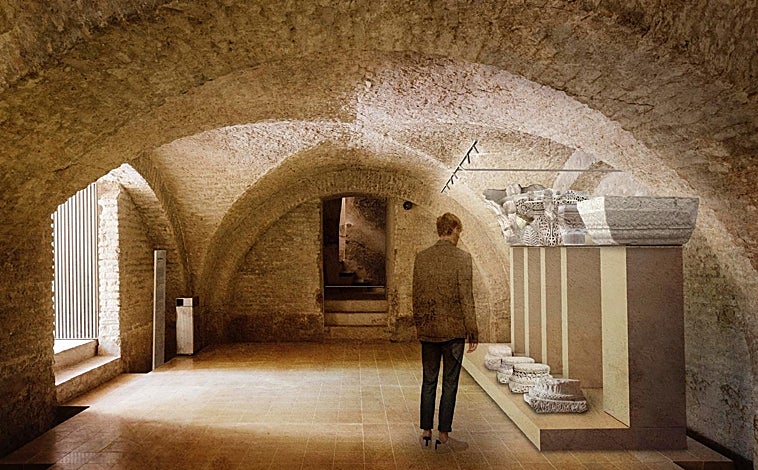 Main image - A person sees capitals in the museum project in Room I; Below, on the left, the axonometry of the exhibition proposal; On the right, the second of the spaces, completed by jars