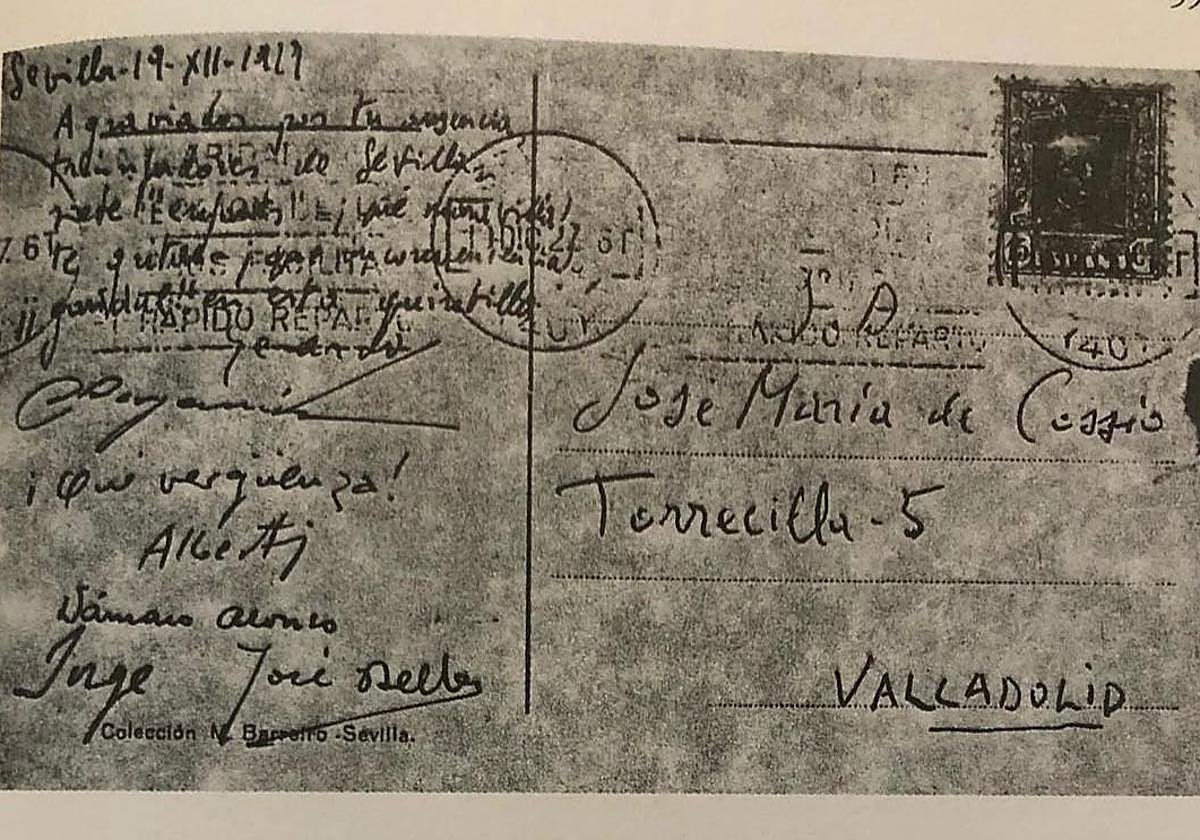 Postal que le enviaron los poetas a José María Cossío por su ausencia en la reunión de Sevilla en diciembre del 27
