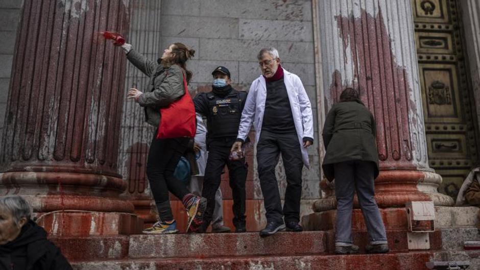 Los científicos por la «revolución climática» tiñen de rojo las columnas del Congreso de los Diputados