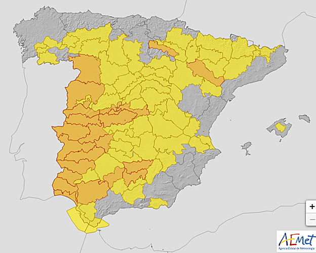 Mapa de alertas amarillas y naranjas de la Aemet en España durante la segunda ola de calor