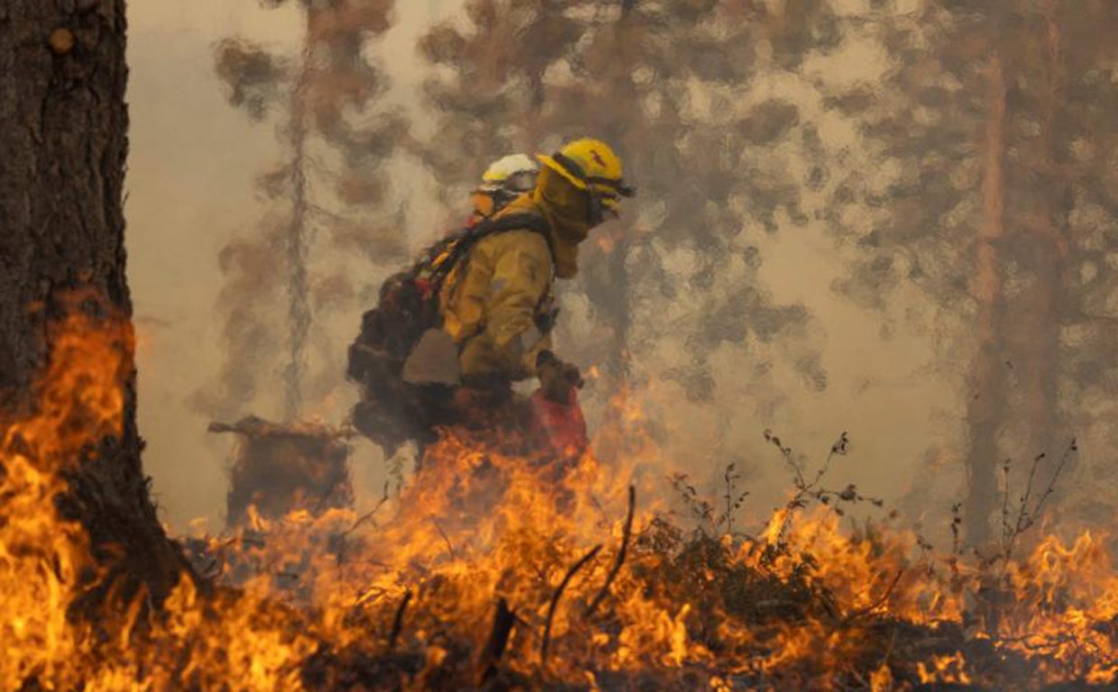 Bombero americano luchando contra el fuego en primera linea