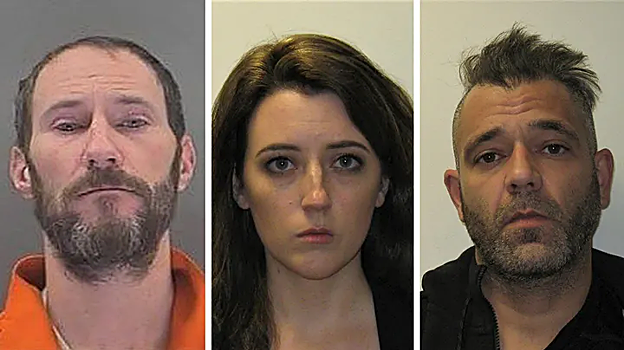 De izquierda a derecha, fotografías policiales de Johnny Bobbitt, Katelyn McClure y Mark D'Amico