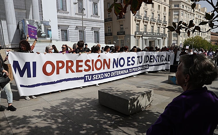 Imagen principal - Pancartas y gestos feministas contra la 'ley trans'. A la derecha, la exdiputada del PSOE Ángeles Álvarez asiste a la concentración