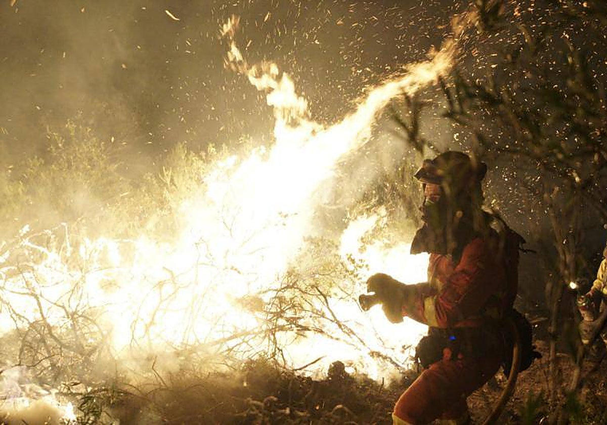 Los bomberos tratan de combatir el fuego  en la localidad de El Ladrillar (Cáceres) el pasado mes de julio