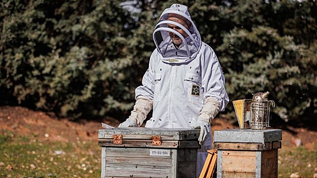 Uno de los trabajadores del Ciapa, con las colmenas