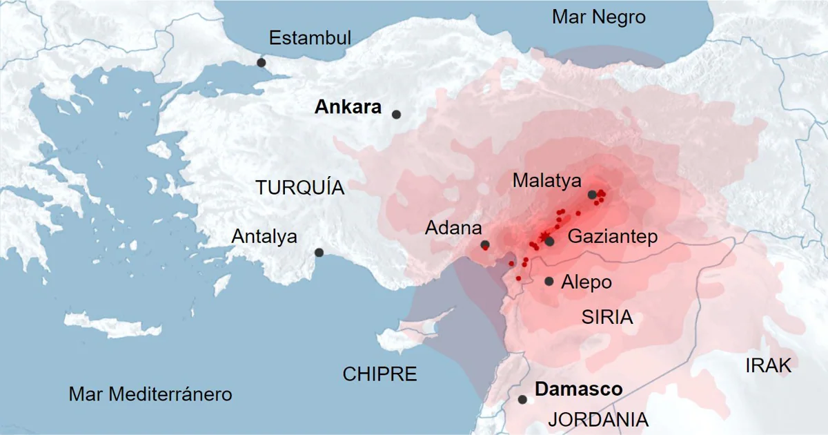 A magnitude do sismo na Turquia e Síria desenhada no mapa de