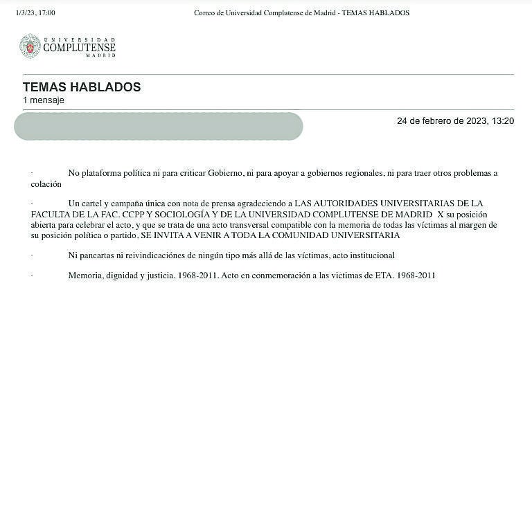 Uno de los correos donde el docente encargado de dar el aval a los alumnos pone las condiciones para celebrar el acto