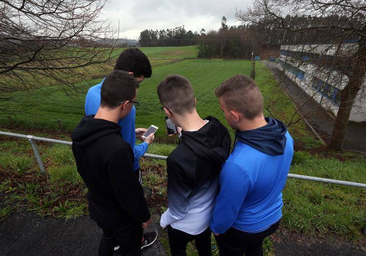 Unos jóvenes tratan de conectarse a internet a través de sus móviles en una zona rural de Galicia