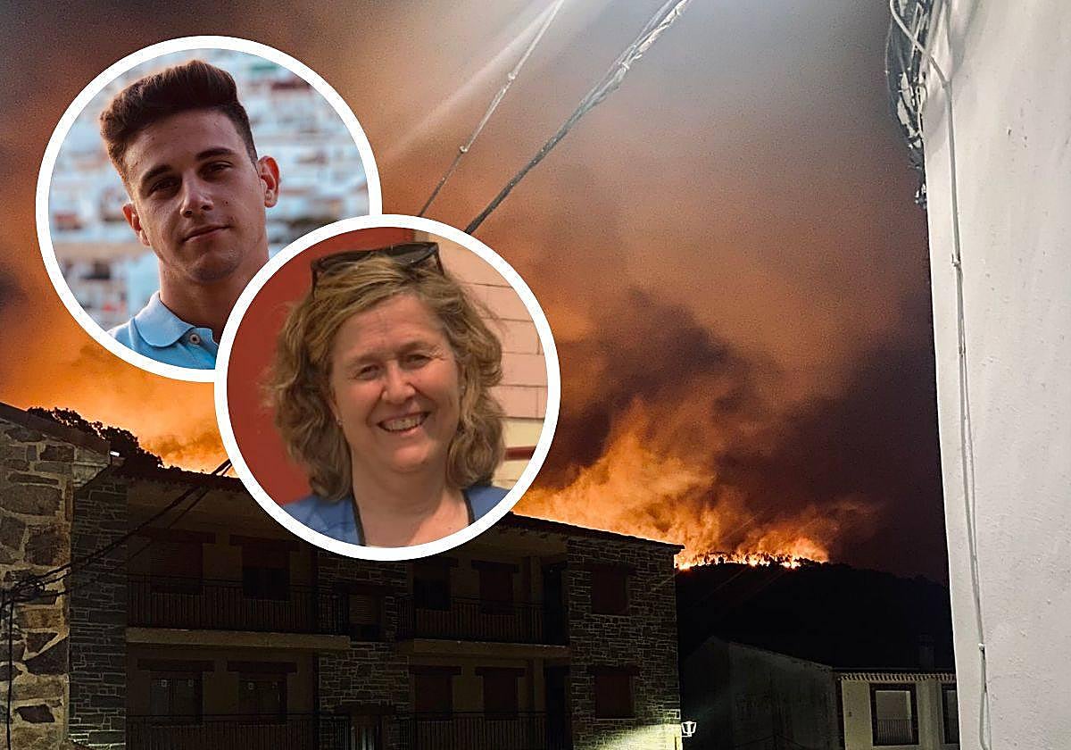 Incendio en la localidad de Ovejuela en la noche del jueves y en las imágenes pequeñas los testigos Javier Sánchez y Ana Marta Fernández Marín