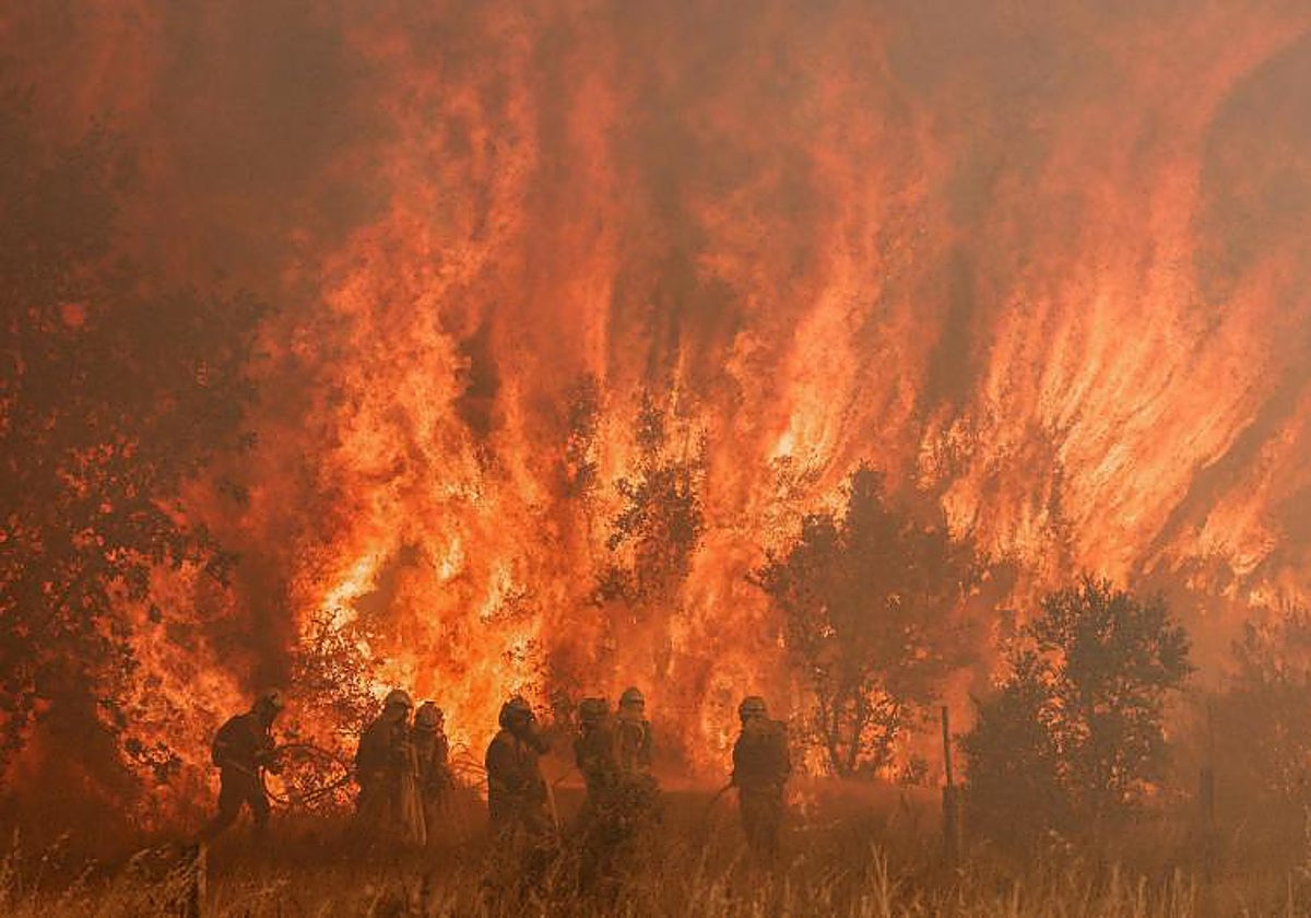 Los bomberos trabajan en Pumarejo de Tera, cerca de Zamora, en los graves incendios de 2022